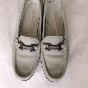 Size 5 1/2 B Salvatore Ferragamo gray suede loafers. Gently used.